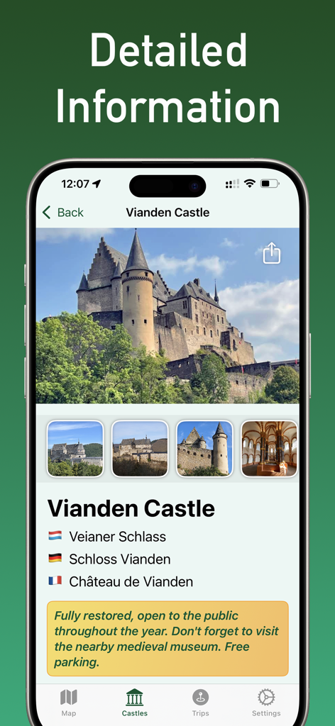 Interfaccia dell'app che visualizza informazioni dettagliate, foto e nomi multilingue per il Castello di Vianden in Lussemburgo.