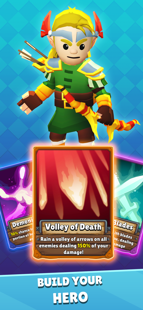 Archer hero character above skill cards including Volley of Death with Build Your Hero text