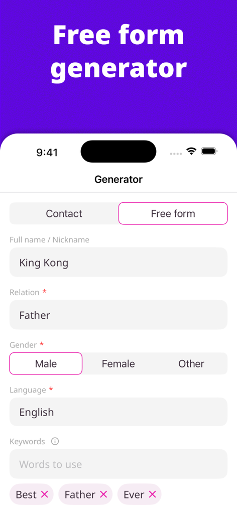 CongAI: Birthday Wish Message - Interface of CongAI app showing the freeform generator to customize a greeting message for a father