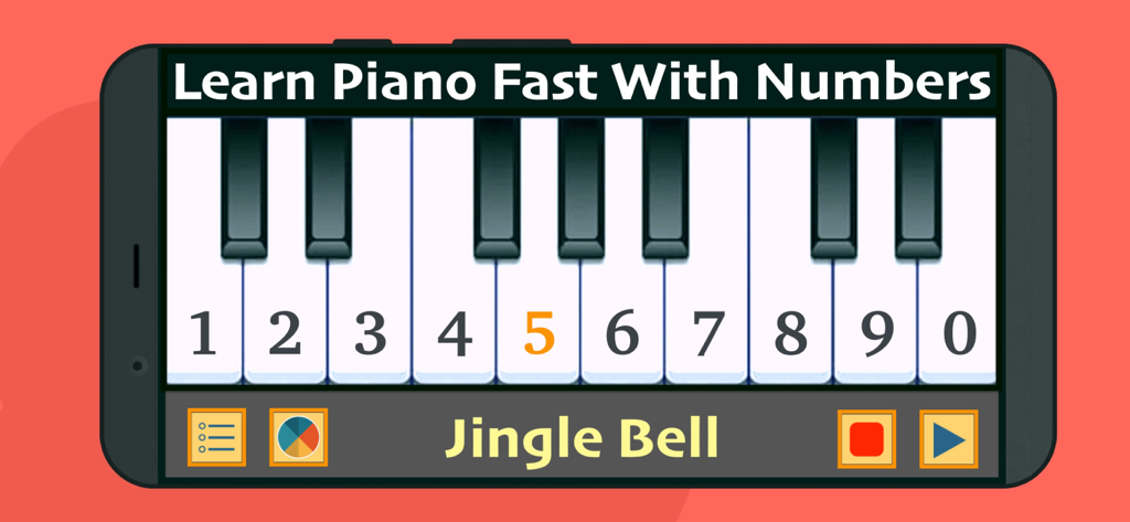 Learn Piano Fast With Numbers - Smartphone screen showing a piano keyboard with numbered keys for learning the song Jingle Bell.