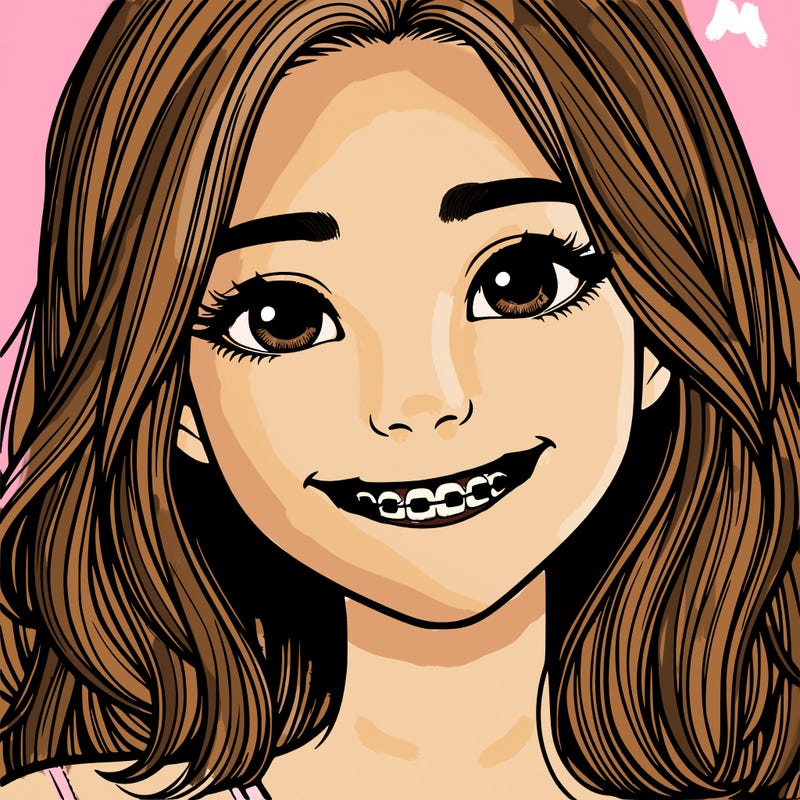 a girl with braces smiling with freckles realistic
