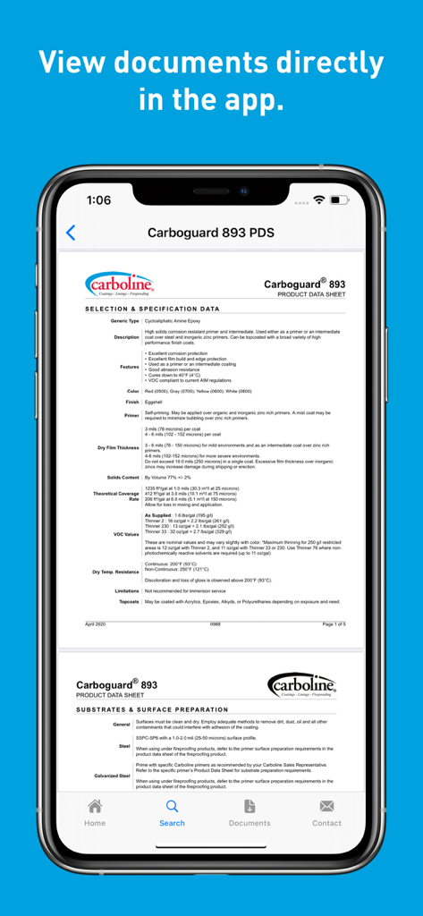 Carboline mobile app interface showing a detailed product data sheet for industrial coatings