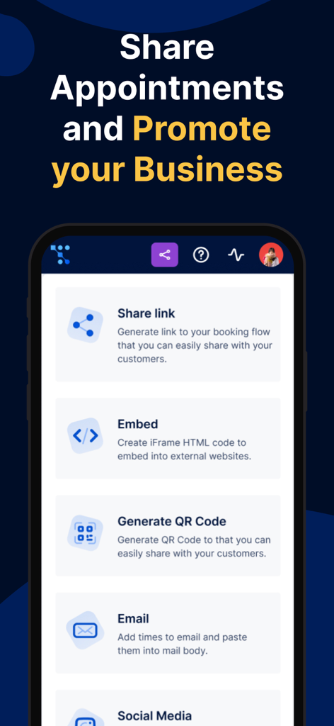 Trafft app interface displaying options to share booking links via QR codes email and social media