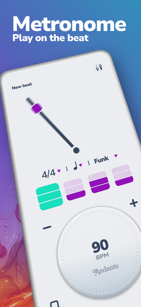 Metronome Beats : Drum Loops - Metronome Beats app interface showing 90 BPM dial and funk music style