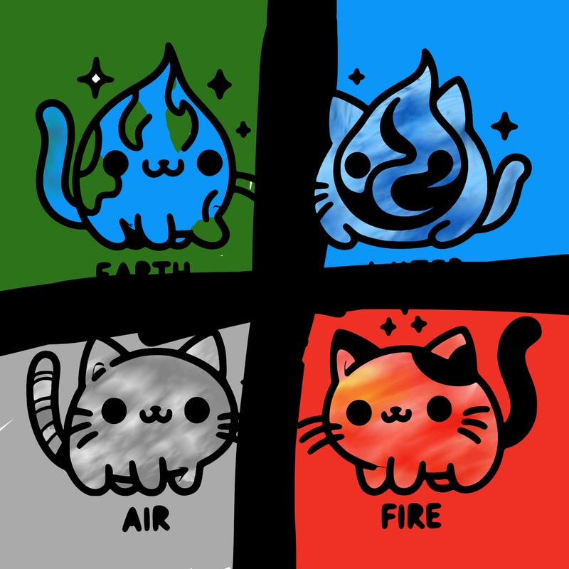 4 cats that represent the different elements, earth, water, air, and fire