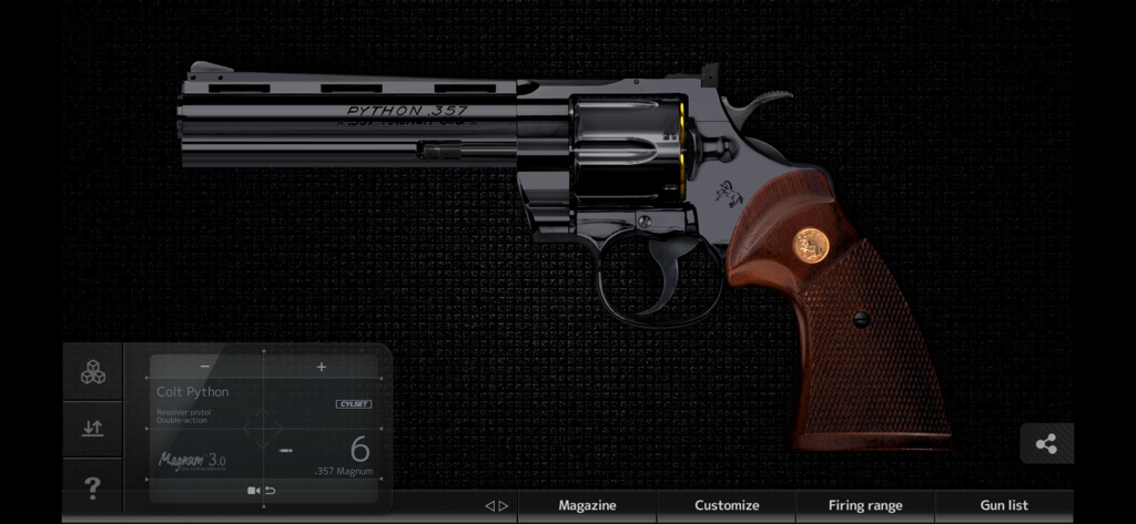 A high fidelity 3D model of a Colt Python revolver in the Magnum 3.0 Gun Custom Simulator app