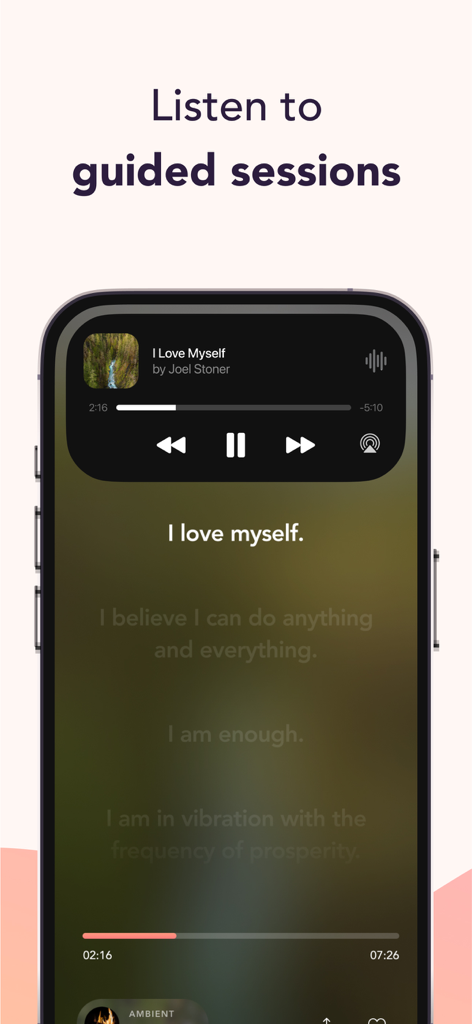 Mantra - Daily Affirmations - Interface showing a guided affirmation session in the Mantra app titled I Love Myself