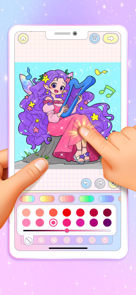 Princess Game Fantasy Coloring - Un bambino che colora una principessa dai capelli viola che suona un'arpa su uno schermo di telefono cellulare usando una tavolozza di colori rosa.