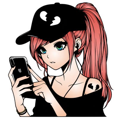 realistic girl with a long ponytail and trucker hat holding an iphone