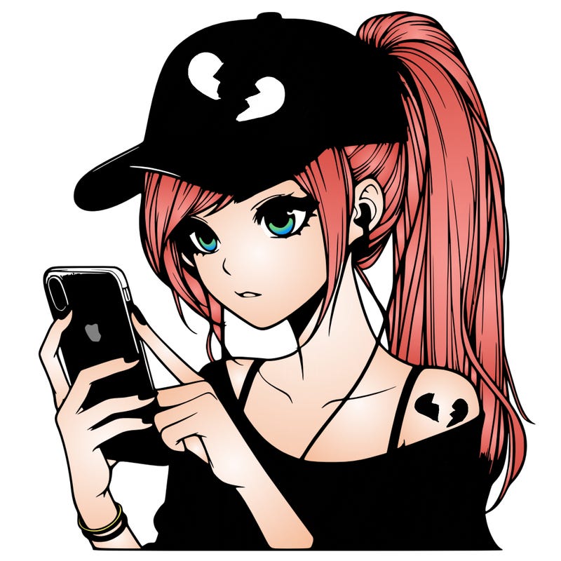 realistic girl with a long ponytail and trucker hat holding an iphone