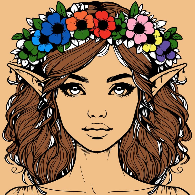 realistic female elf with flower crown