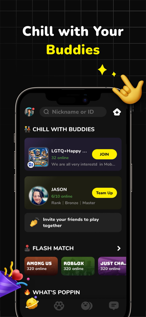 CastChat - Voice Chat & Match - Interfaz de la aplicación CastChat que muestra lobbies de chat de voz y opciones de emparejamiento rápido para juegos móviles
