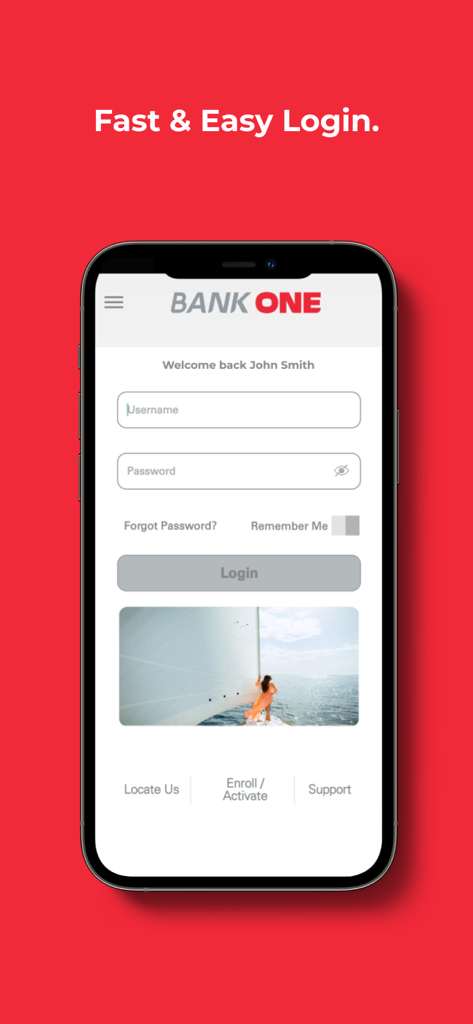 Tela de login do aplicativo bancário móvel Bank One em um iPhone com campos de nome de usuário e senha