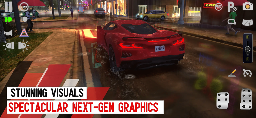 Coche deportivo rojo circulando por una calle de la ciudad por la noche con gráficos de última generación