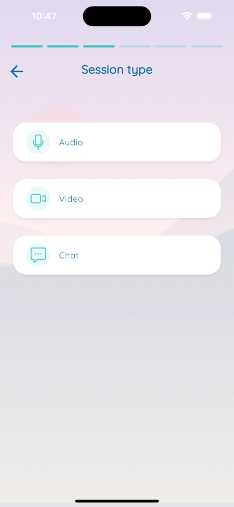 Ahkili أحكيلي - Ahkili app interface for choosing between audio video or chat therapy sessions