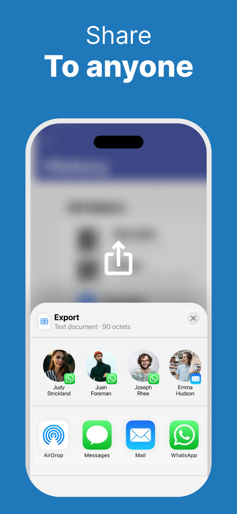 Interface d'application mobile montrant les options d'exportation et de partage des données scannées avec d'autres via des applications de messagerie et d'e-mail.