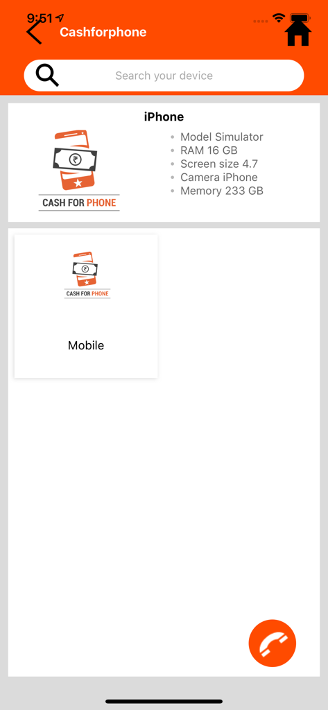 Cashforphone - Sell Used Phone - Cashforphone app displaying iPhone specifications and a search bar to sell used phones