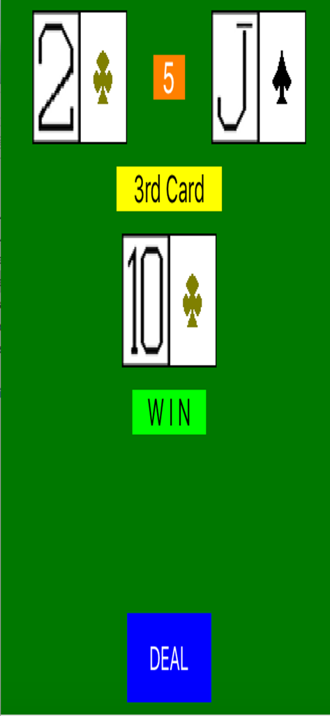 Acey Deucey Game - Pantalla de victoria del juego de cartas Acey Deucey mostrando un 10 de tréboles entre un 2 y una Jota