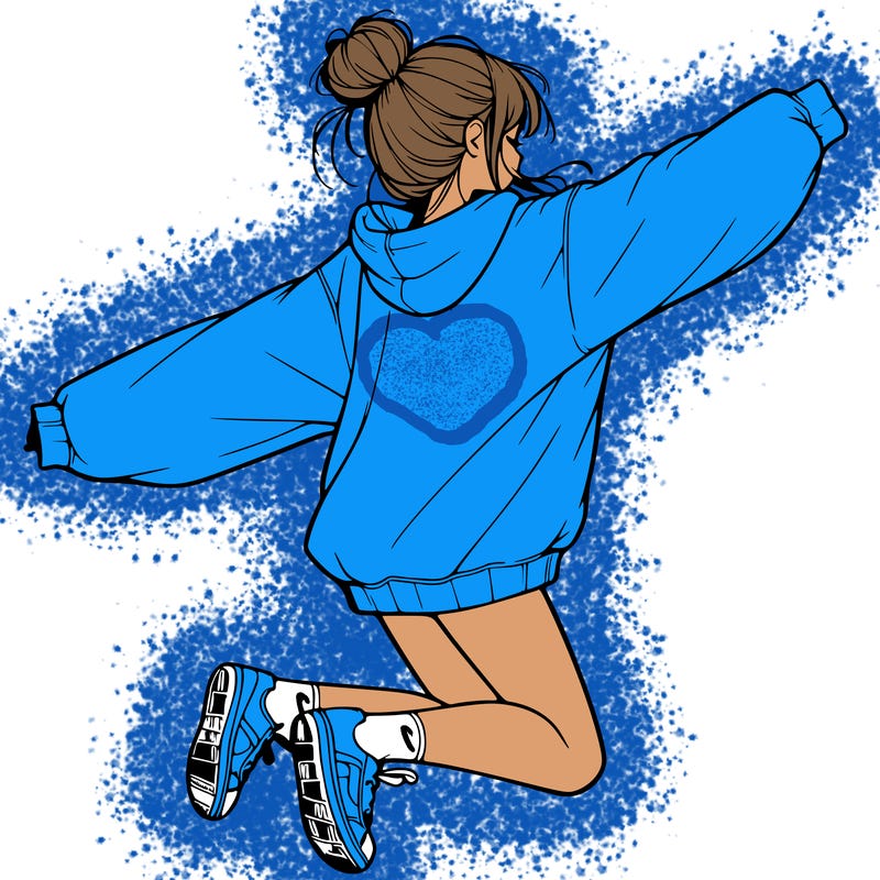 realistic girl jumping with a bun and oversized sweatshirt