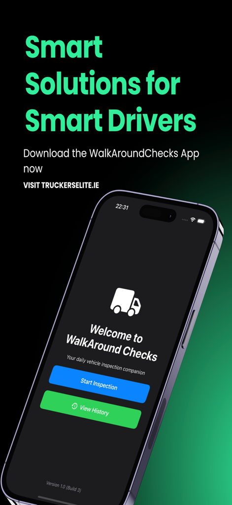 WalkAround Checks mobile app welcome screen on a smartphone featuring Start Inspection and View History buttons