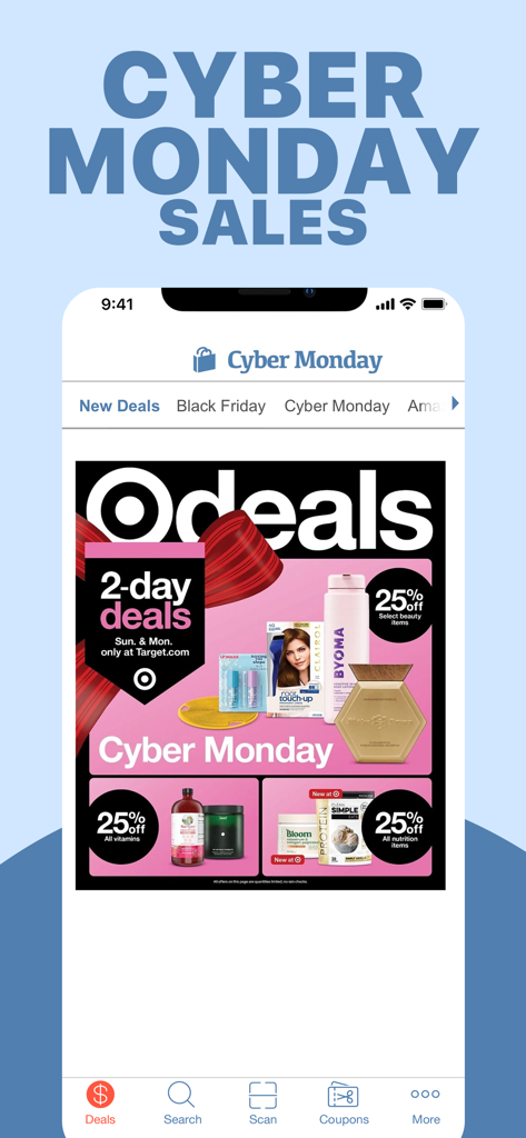 Targetの2日間セールの広告を表示するCyber Mondayアプリのインターフェース