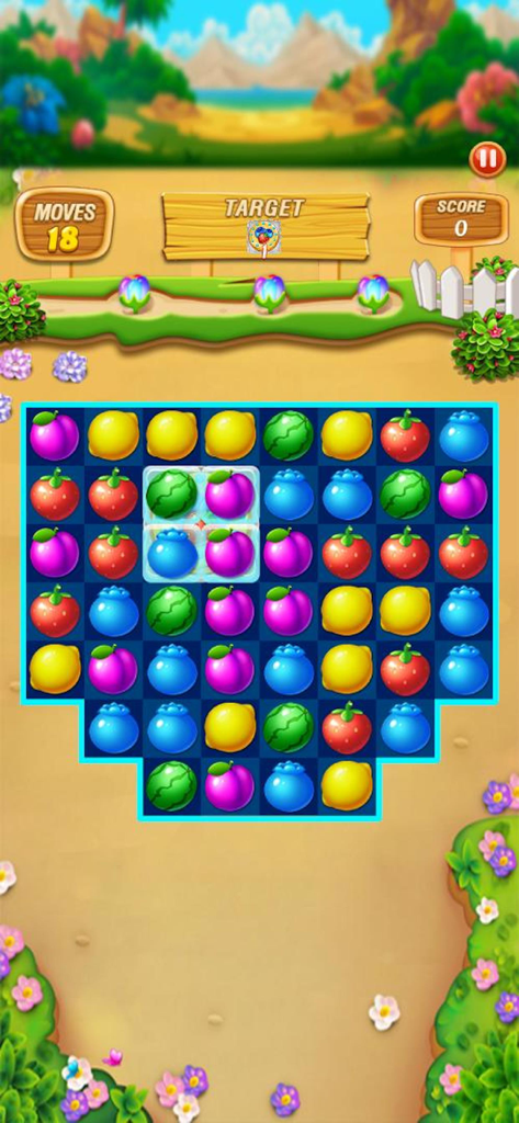 Fruit Frenzy Link Match Puzzle - Gameplay screen of Fruit Frenzy Link Match Puzzle showing colorful fruit tiles in a tropical beach level