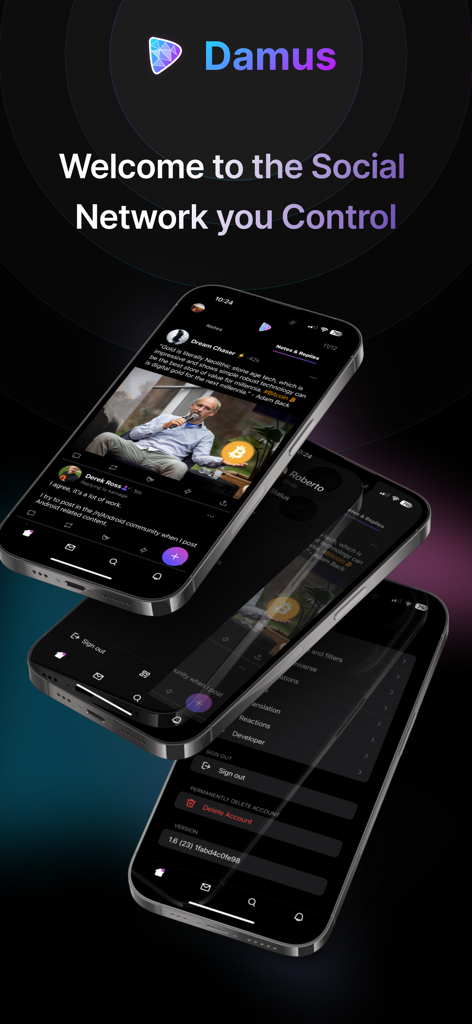 Damusアプリのインターフェイスと分散型ソーシャルネットワークフィードを表示する3台のiPhone