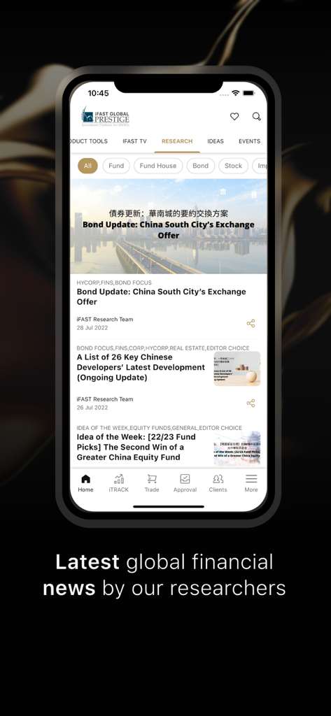 iFAST HK mobile app research screen featuring latest global financial news and investment insights