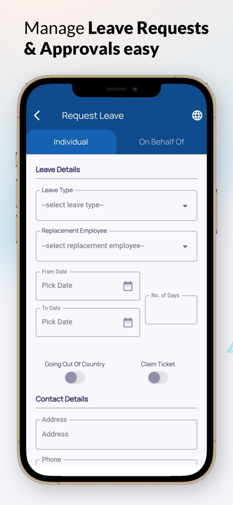 DOTS GO+ - Mobile screen of DOTS GO plus app showing the request leave form with fields for leave type dates and contact details