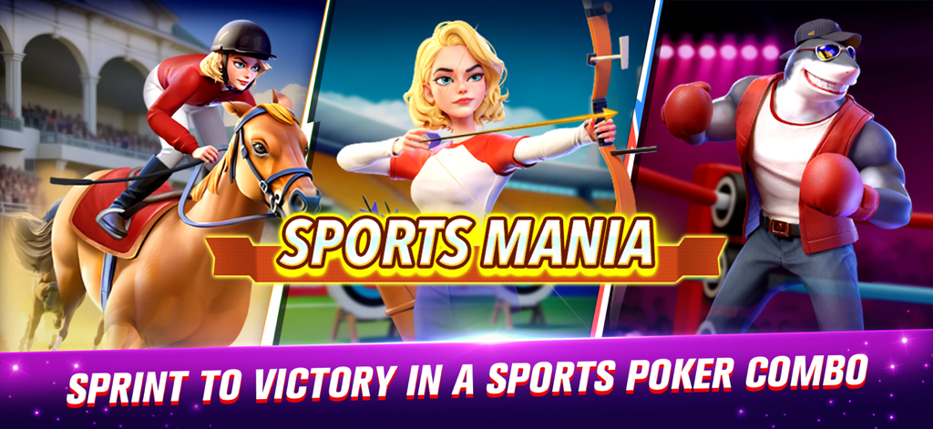 Poker Frenzy - Texas Holdem - Graphique promotionnel pour Sports Mania dans Poker Frenzy présentant des courses de chevaux, du tir à l'arc et un personnage de requin boxeur