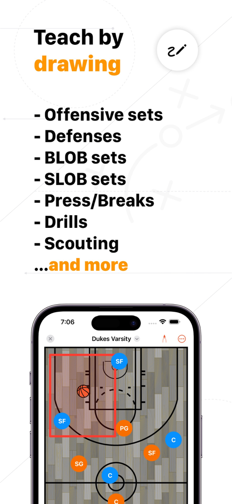 Basketball Coach: Elite Hoops - Basketball coaching app interface for drawing offensive and defensive plays on a digital court