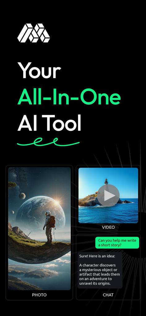 Mindscape AI - Art Generator - Mindscape AI app interface highlighting its all in one photo video and chat generation features