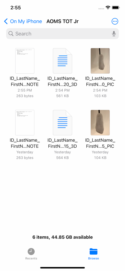 AOMS TOT jr app file management interface showing patient 3D scans and notes stored on iPhone