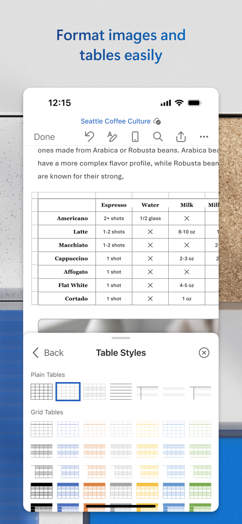A smartphone screen showing the Microsoft Word app with a table styles menu open to format a document about coffee culture.