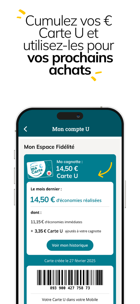 Courses U : Magasin en ligne - Courses U app loyalty screen showing savings balance and digital barcode card