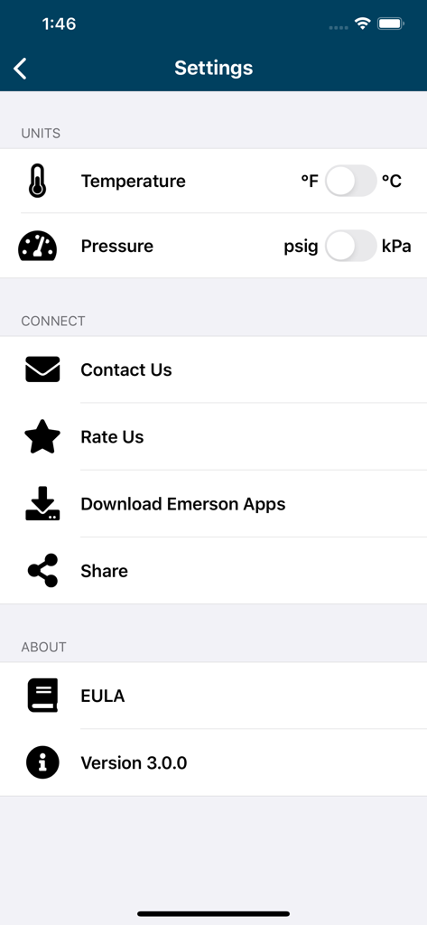 Settings menu of the HVACR Check and Charge app displaying unit selection for temperature and pressure along with app support links