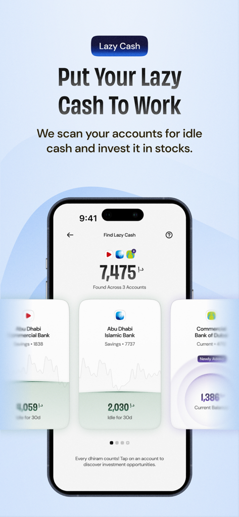 Smartphone display of the Sav app identifying idle cash across bank accounts for investment