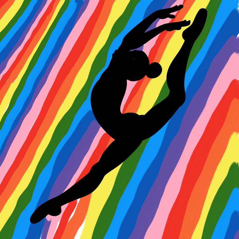 gymnast doing a leap in a leotard with a bent back leg