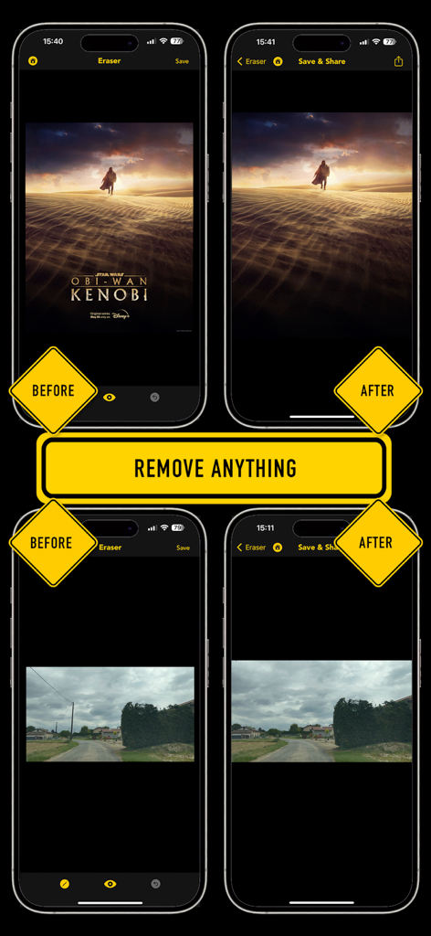Lama fiXing 앱의 비교 스크린샷으로, 사진에서 텍스트와 전선 제거를 보여줍니다.