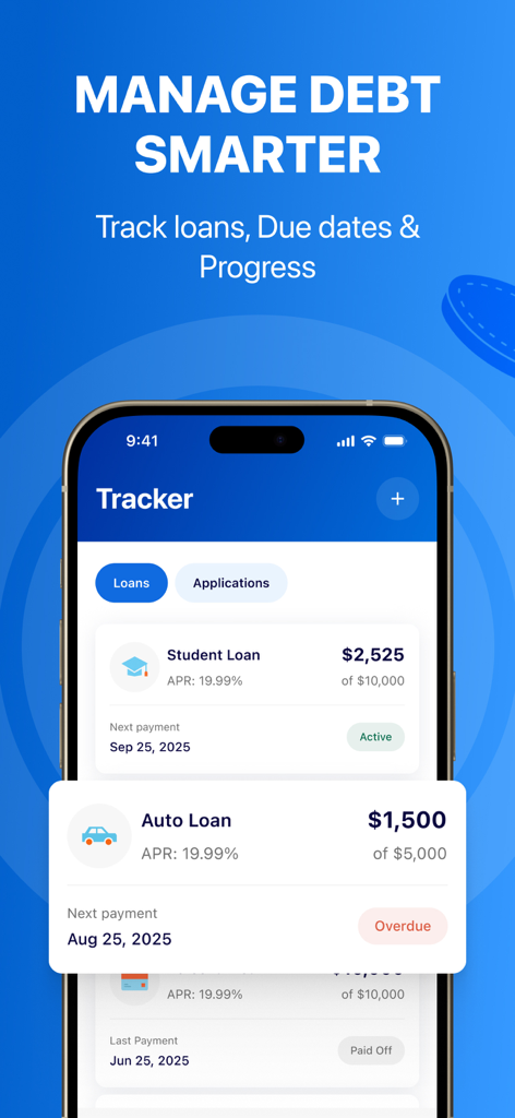 Cash Advance & Borrow by Noble - A mobile screen from the Noble app showing a debt tracker with student and auto loan statuses