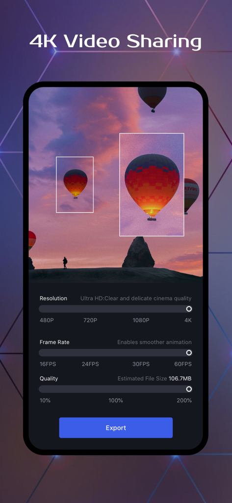 OviCut app screen for exporting videos in 4K resolution and 60fps