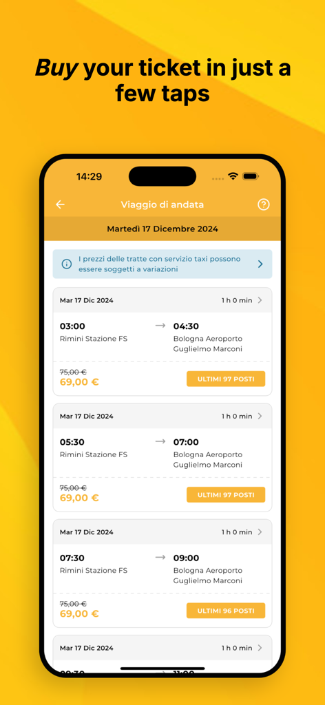 App-Oberfläche zur Buchung von Flughafenshuttle-Tickets mit Fahrplänen von Rimini nach Bologna mit Preisen.