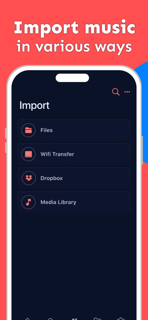 Music Player - Offline Songs - Interface de l'application montrant les options d'importation de musique via Fichiers Transfert Wi-Fi Dropbox et Bibliothèque multimédia