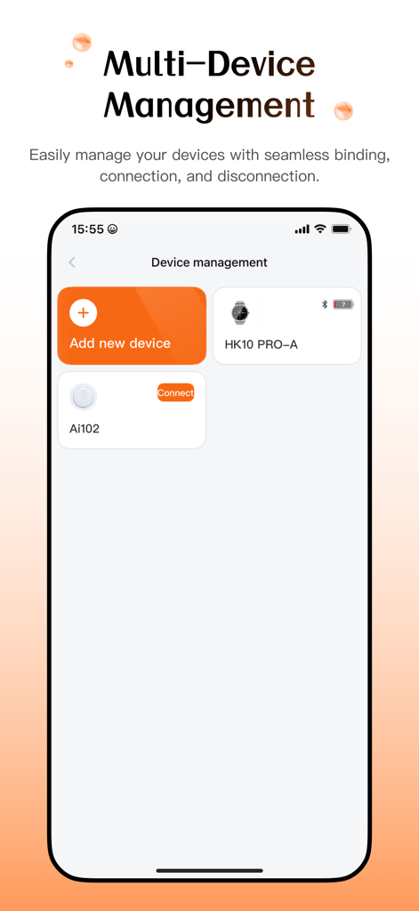 Wearfit Pro - Wearfit Proアプリのインターフェース。接続されたスマートウォッチとウェアラブルのマルチデバイス管理が表示されています。
