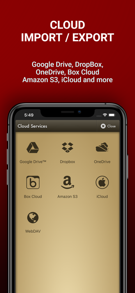 Voice Record Pro - Voice Record Pro app screen showing cloud service options for importing and exporting audio files including Google Drive, Dropbox, and OneDrive