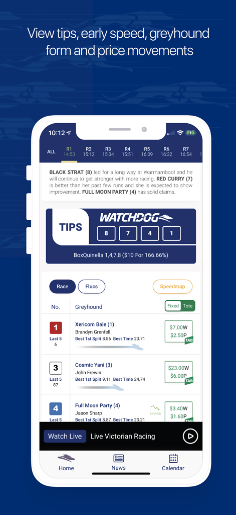 Watchdog - Watchdog app interface showing Victorian greyhound racing tips and form guide