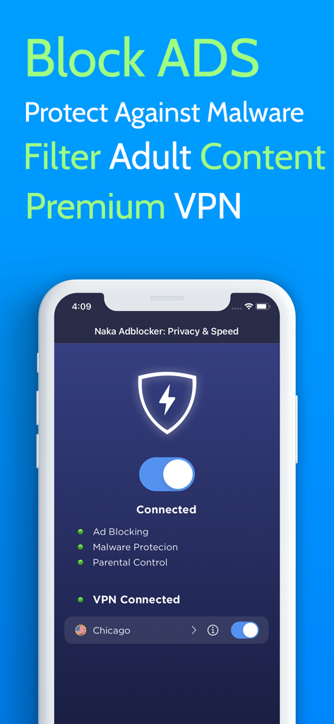 Naka AdBlocker VPN - Naka AdBlocker VPN 인터페이스가 시카고 서버에 연결된 상태에서 활성 광고 차단 및 멀웨어 보호를 보여주는 iPhone