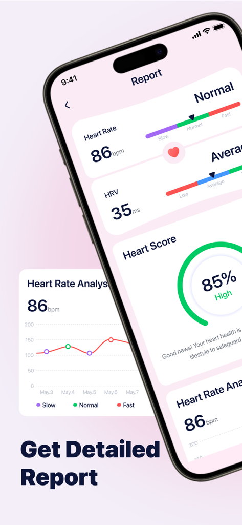 Health Keeper: Pulse Monitor - iPhone screen displaying a detailed heart rate and HRV analysis report with a trend graph