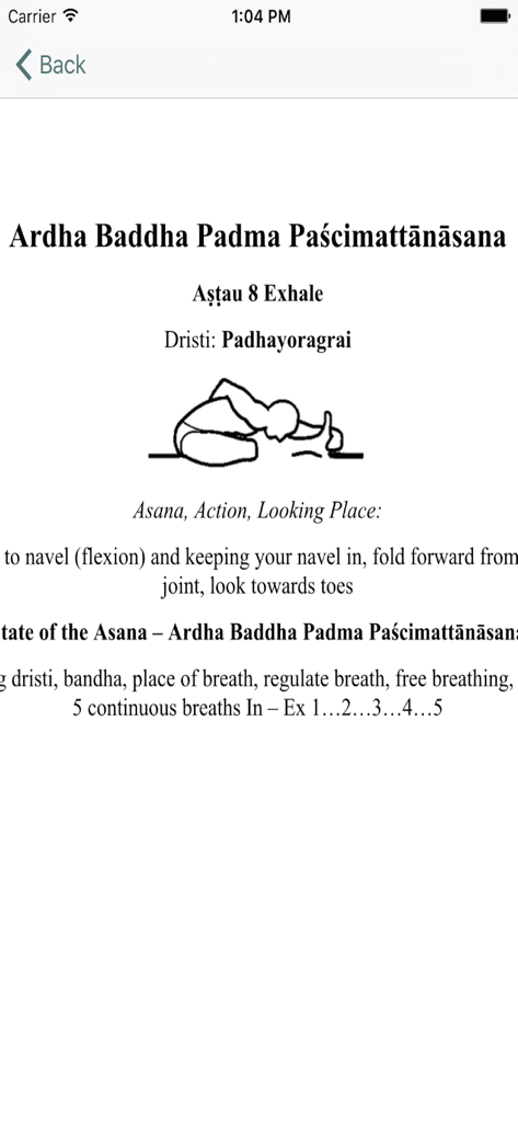 Pantalla de instrucción de asanas de Ashtanga yoga con conteo de Vinyasa y dristi