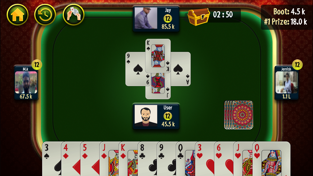 Gameplay interface of Bhabhi Offline card game showing a digital table and player cards.